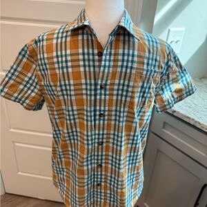 Bixby Nomad Boys Plaid Shirt L 12 14 Blue Tan Button Up Cotton